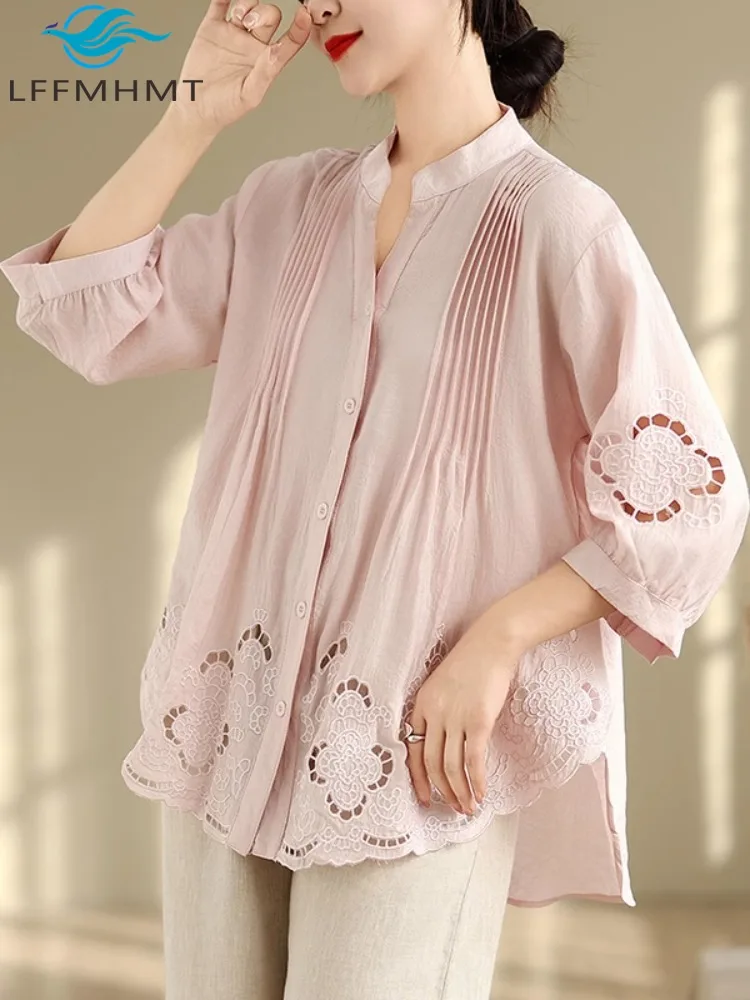 Flower Embroidery Hollowed Out Good Quality 100% Cotton Shirt for Women Summer Fashion Stand Collar Loose Comfortable Blouse
Flower Embroidery Hollowed Out Good Quality 100% Cotton Shirt for Women Summer Fashion Stand Collar Loose Comfortable Blouse