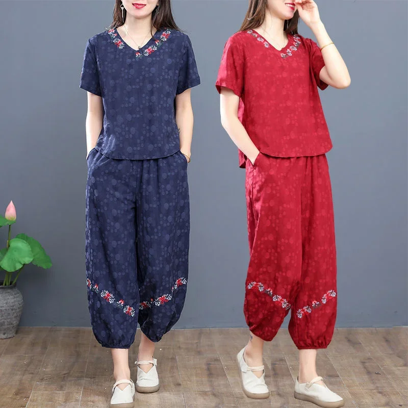 Women's 2025 Spring Summer New Suit Plus Size Clothing Leisure V-Neck Short Sleeved Top Lantern Ankle-Length Pants Two Piece Set
Women's 2025 Spring Summer New Suit Plus Size Clothing Leisure V-Neck Short Sleeved Top Lantern Ankle-Length Pants Two Piece Set