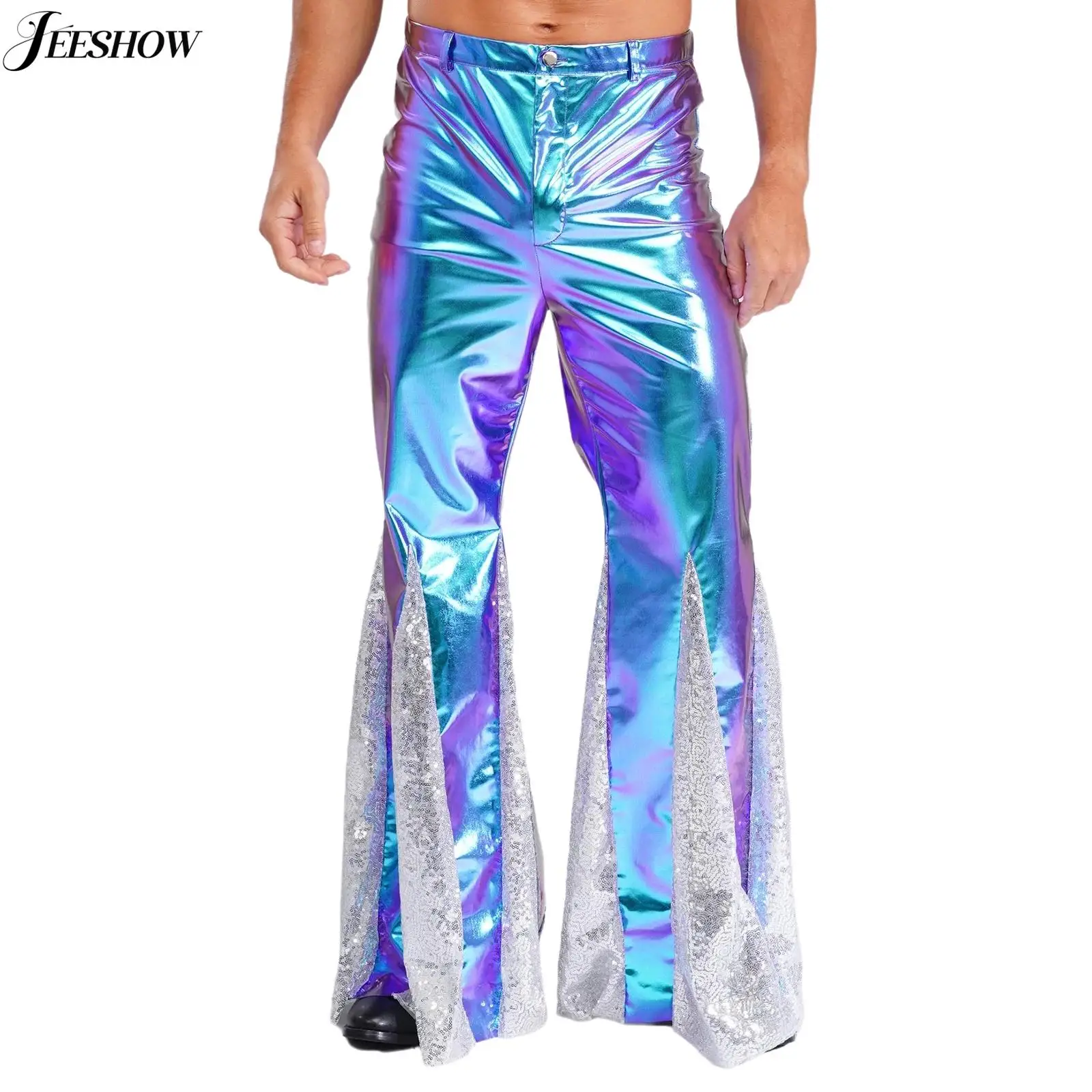 Mens Shiny Metallic Disco Dance Flared Leg Pants Vintage 70s Hippie Costume Bottoms Sequins Patchwork Bell Bottom Long Trousers
Mens Shiny Metallic Disco Dance Flared Leg Pants Vintage 70s Hippie Costume Bottoms Sequins Patchwork Bell Bottom Long Trousers