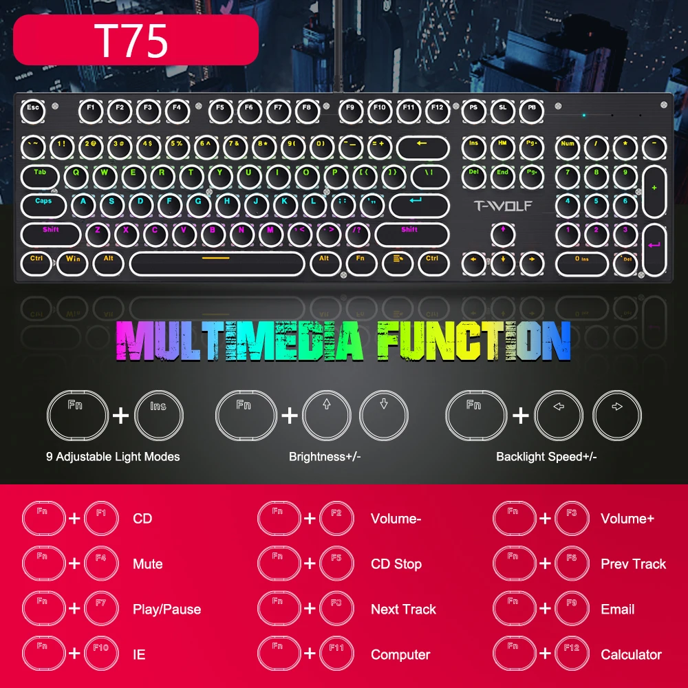 104 Keys USB Wired RGB Punk Retro Round Key Mechanical Gaming Keyboard With Metal Panel
104 Keys USB Wired RGB Punk Retro Round Key Mechanical Gaming Keyboard With Metal Panel