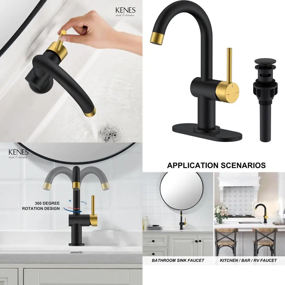 Black and Gold Single Handle Bathroom Faucet with Drain Assembly & Deck Plate for Vanity or RV Camper Utility
Black and Gold Single Handle Bathroom Faucet with Drain Assembly & Deck Plate for Vanity or RV Camper Utility