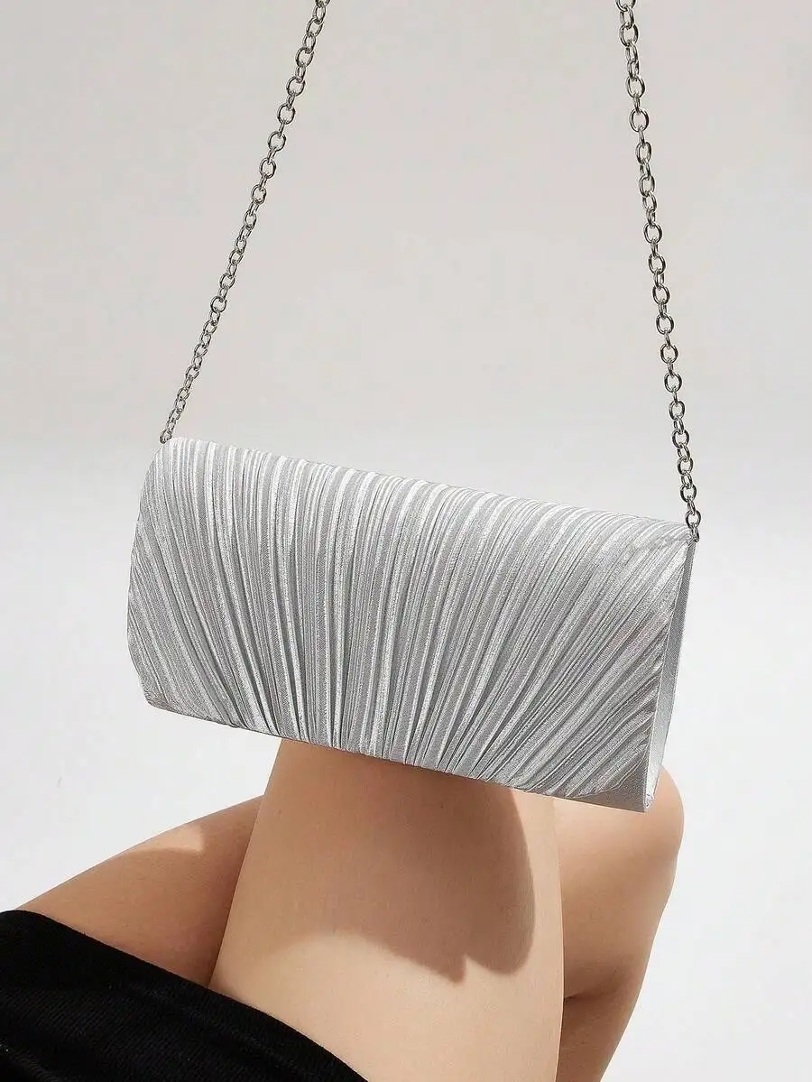 Elegant Silver Pleated Satin Clutch With Chain Strap For Formal Events, Weddings, Proms And Evening Parties
Elegant Silver Pleated Satin Clutch With Chain Strap For Formal Events, Weddings, Proms And Evening Parties