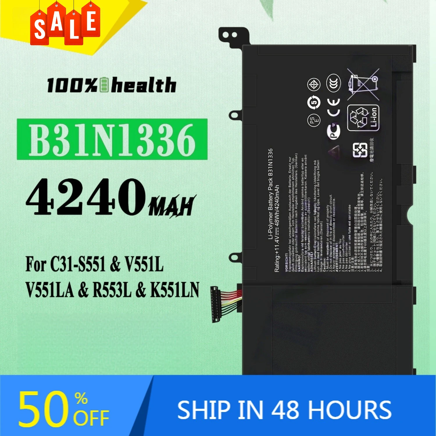 B31N1336 4240mAh Laptop Battery for ASUS C31-S551 V551L V551LA R553L K551LN Lithium Rechargeable Battery
B31N1336 4240mAh Laptop Battery for ASUS C31-S551 V551L V551LA R553L K551LN Lithium Rechargeable Battery