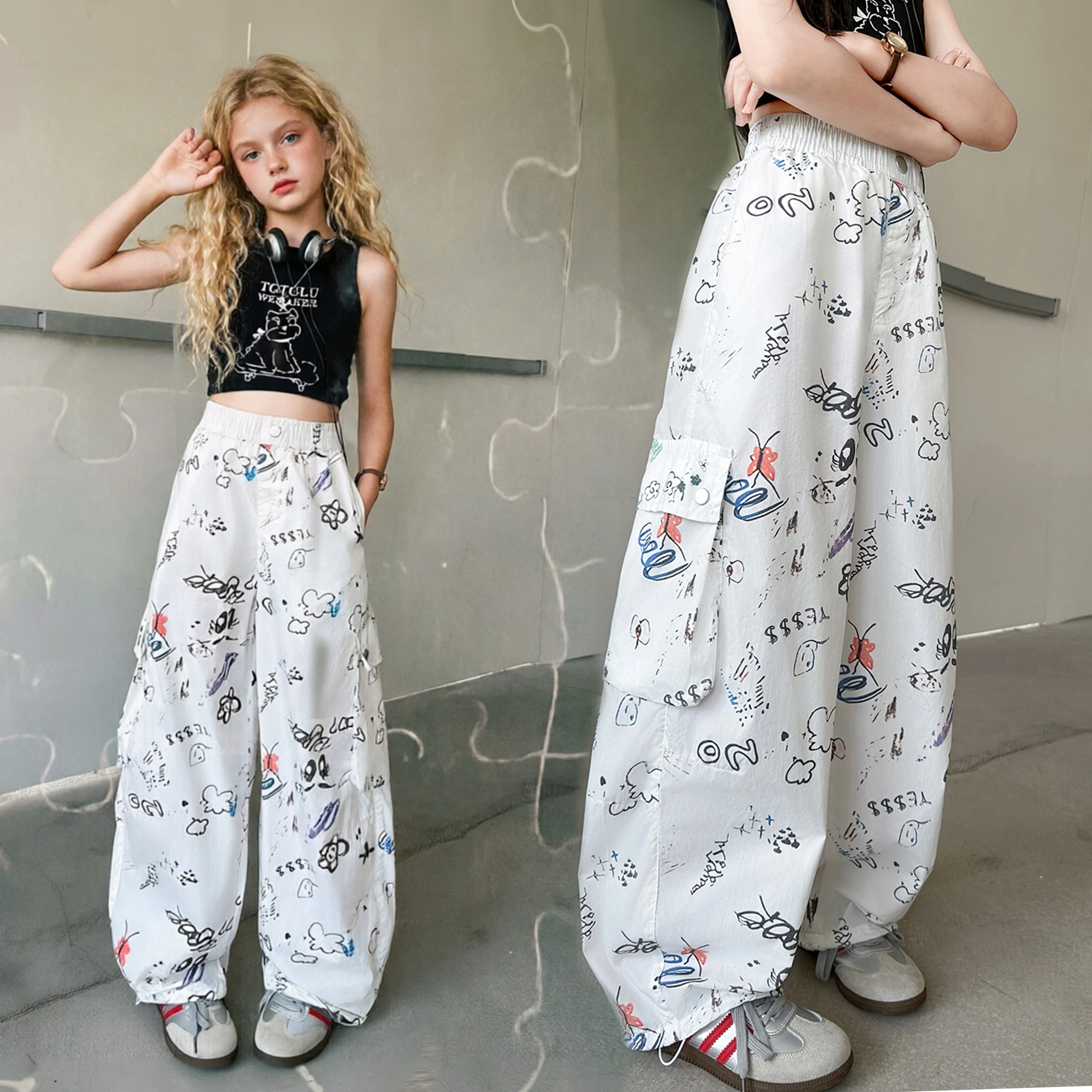 Girls' graffiti-printed workwear wide-leg pants, light and breathable ice silk pants, 2026 new casual straight pants suitable
Girls' graffiti-printed workwear wide-leg pants, light and breathable ice silk pants, 2026 new casual straight pants suitable
