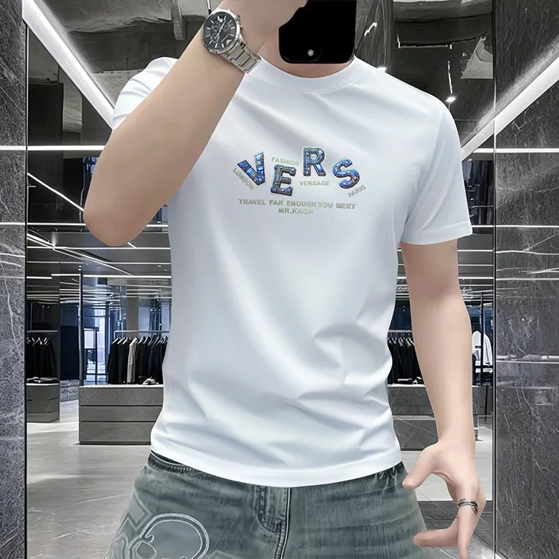 Summer New Men T-Shirt mercerized cotton Tees Rhinestone Letter Print American Style Slim Fit Casual Breathable Short Sleeve Top
Summer New Men T-Shirt mercerized cotton Tees Rhinestone Letter Print American Style Slim Fit Casual Breathable Short Sleeve Top