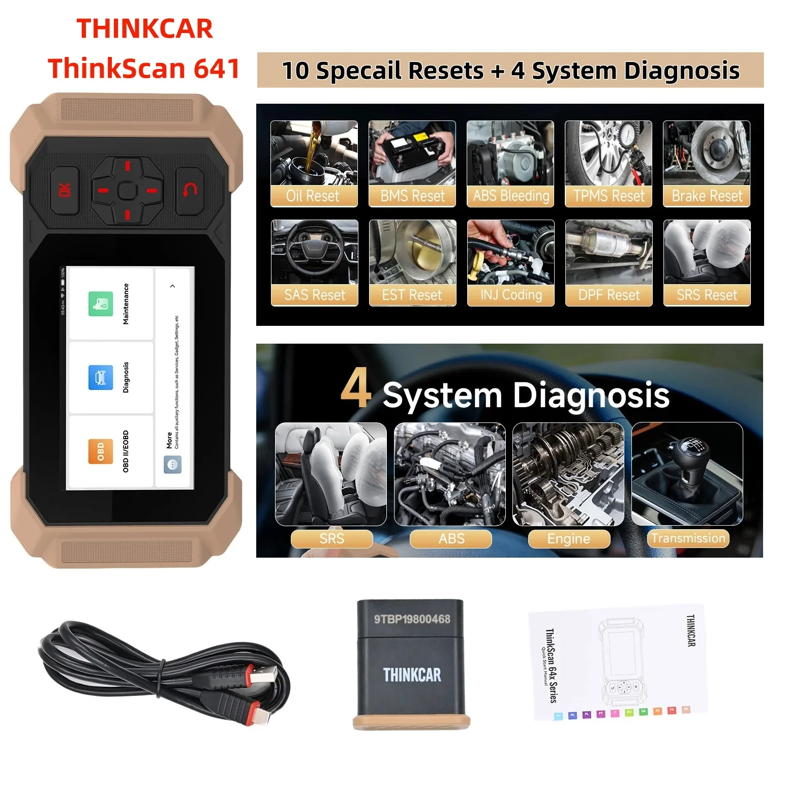 THINKCAR ThinkScan 641 OBD2 Code Scanner All 4 System Diagnosis 10 Special Resets Lifetime Free Update ECU ABS EPB SRS Engine
THINKCAR ThinkScan 641 OBD2 Code Scanner All 4 System Diagnosis 10 Special Resets Lifetime Free Update ECU ABS EPB SRS Engine