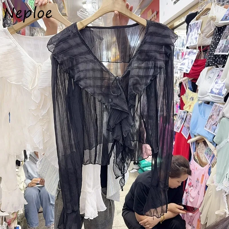 Neploe элегантные модные рубашки с v-образным вырезом и оборками, универсальные солнцезащитные блузки с длинными рукавами, новинка лета 2025, шифоновые Blusas Mujer
Neploe элегантные модные рубашки с v-образным вырезом и оборками, универсальные солнцезащитные блузки с длинными рукавами, новинка лета 2025, шифоновые Blusas Mujer