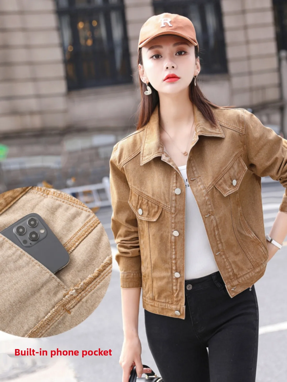 Fashionable Retro Khaki Single-Button Long-Sleeve Biker Style Denim Jacket Versatile Short Coat for Women Spring Summer
Fashionable Retro Khaki Single-Button Long-Sleeve Biker Style Denim Jacket Versatile Short Coat for Women Spring Summer
