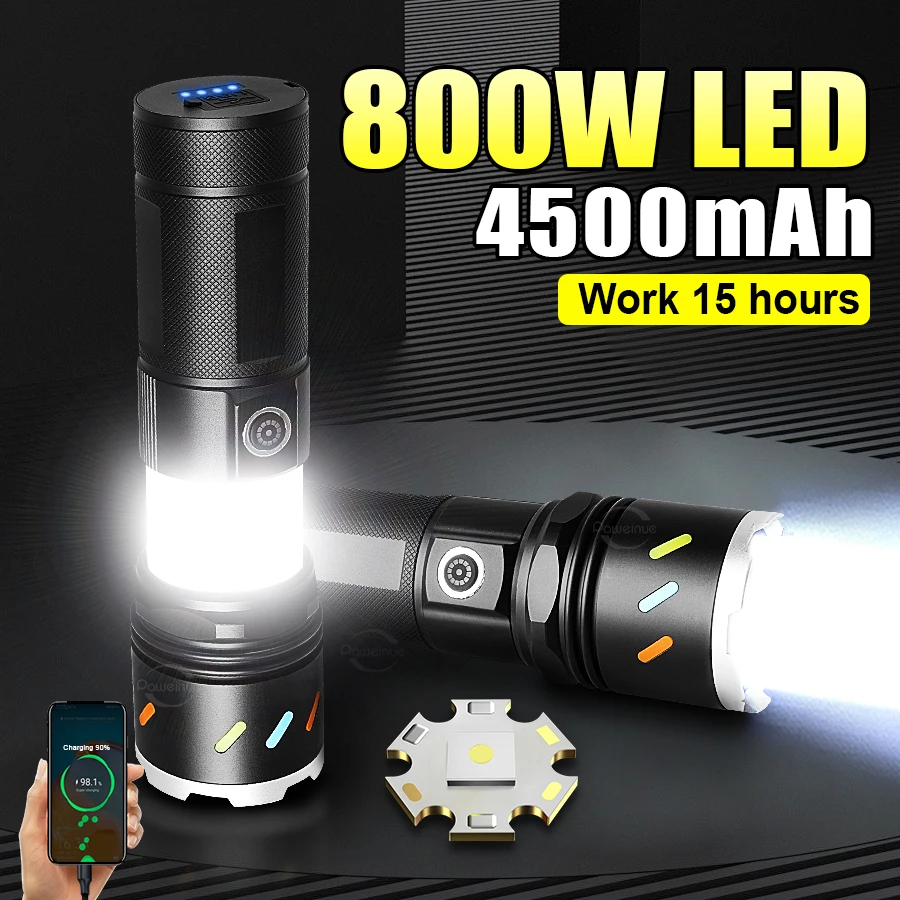 New 800W COB Fluorescent 26550 Battery Flashlight USB Ultra Powerful Torch Lamp Outdoor Waterproof Zoom Tactical Flash Lights
New 800W COB Fluorescent 26550 Battery Flashlight USB Ultra Powerful Torch Lamp Outdoor Waterproof Zoom Tactical Flash Lights