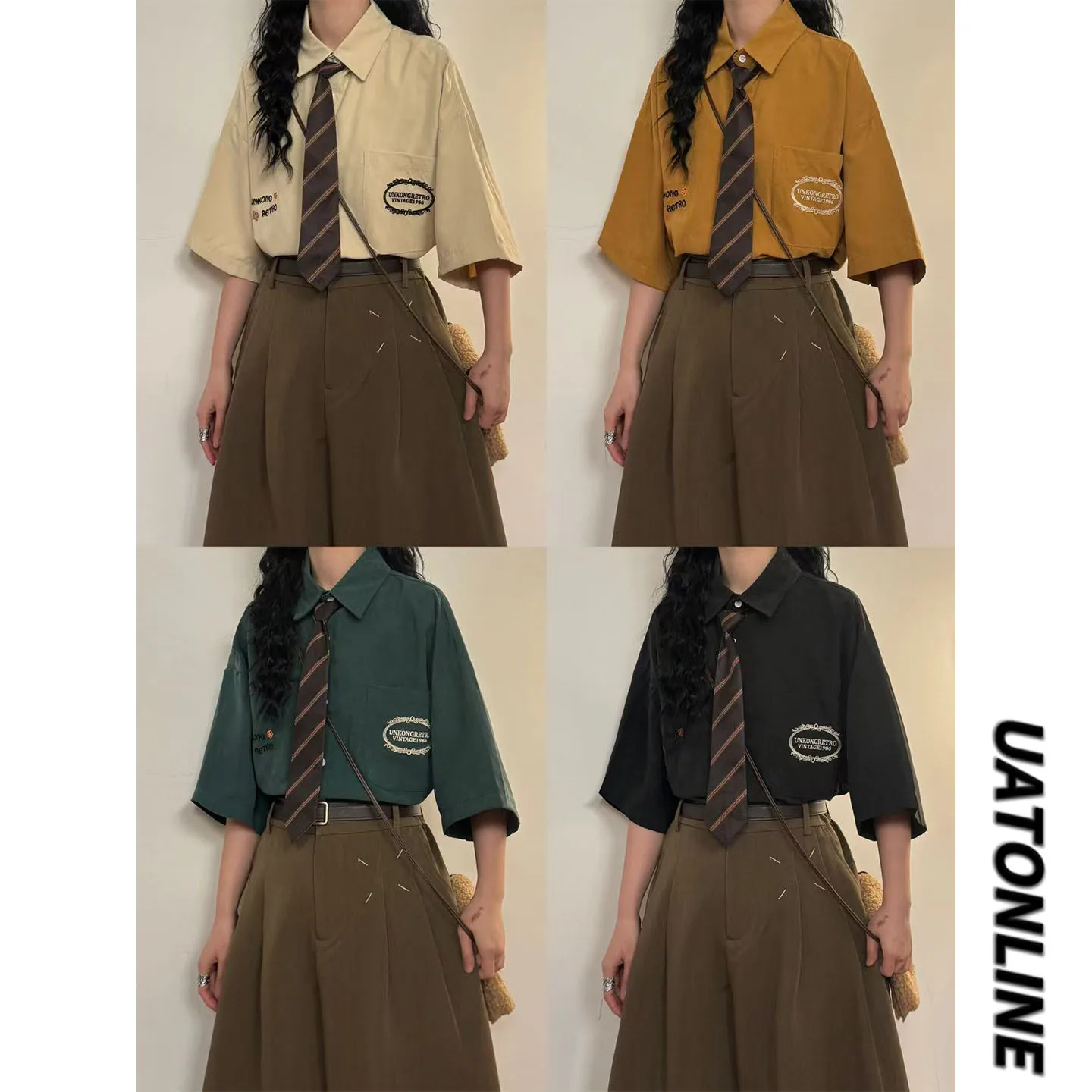 UATONLINE2026 Summer American Retro College Style Unisex Letter Embroidery Short Sleeve Shirt Women's Street Style Loose Fit
UATONLINE2026 Summer American Retro College Style Unisex Letter Embroidery Short Sleeve Shirt Women's Street Style Loose Fit