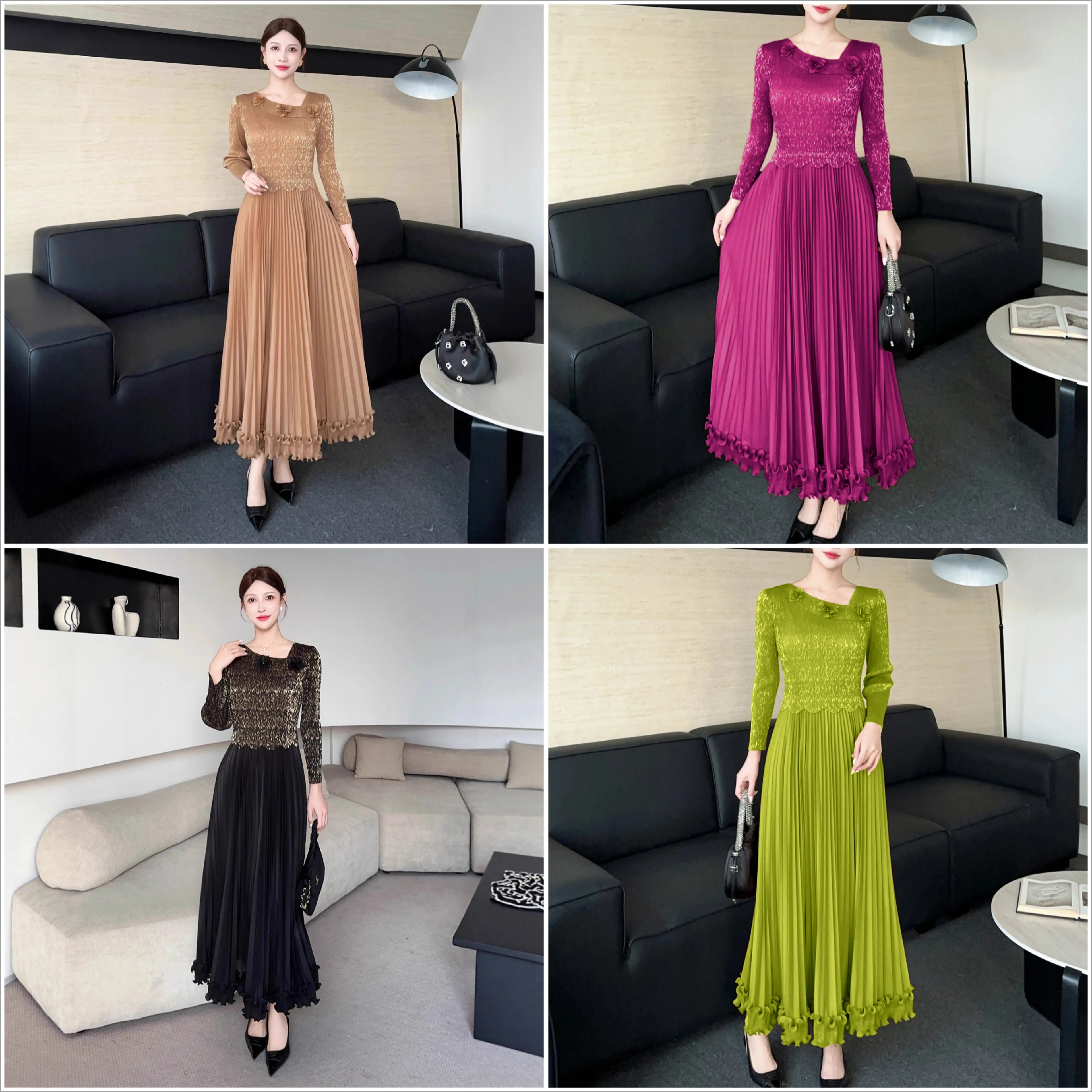 Miyake Pleated 2025 New Fashionable Waist Cinching Dress for Women, Elegant Long Sleeved Pleated Dress with Gold Foil Stamping 
Miyake Pleated 2025 New Fashionable Waist Cinching Dress for Women, Elegant Long Sleeved Pleated Dress with Gold Foil Stamping
