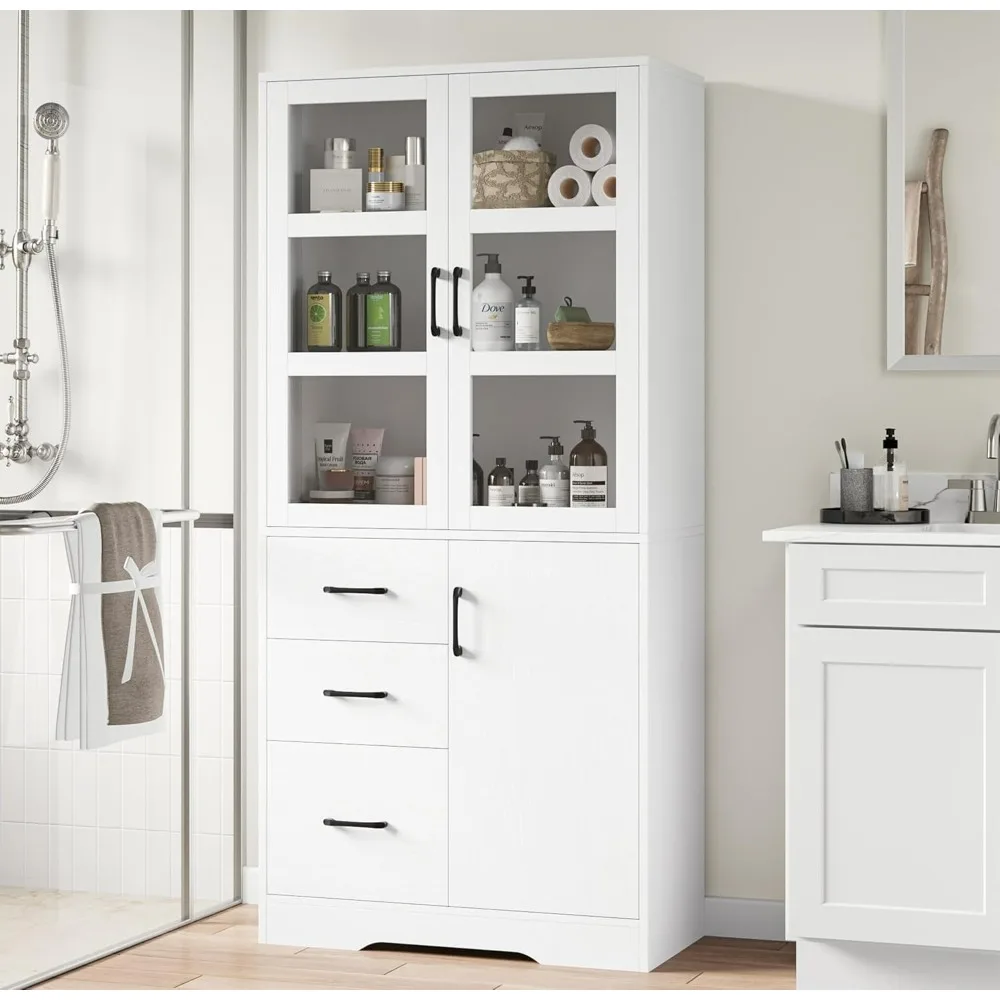 Tall Bathroom Storage Cabinet with Glass Display Doors and Shelves, 67” Modern Tall Cabinet with 3 Drawers
Tall Bathroom Storage Cabinet with Glass Display Doors and Shelves, 67” Modern Tall Cabinet with 3 Drawers