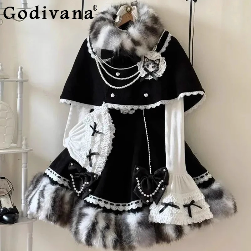Autumn Winter Japanese Lolita Set Women Patchwork Cape Bow Dress Base Top Three Piece Suit Women Sweet Lace Dress Outfits
Autumn Winter Japanese Lolita Set Women Patchwork Cape Bow Dress Base Top Three Piece Suit Women Sweet Lace Dress Outfits