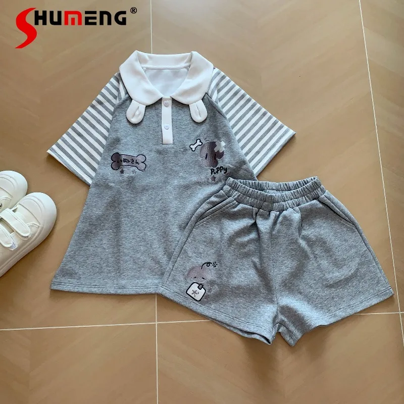Summer New Striped Polo Neck Outfit Cute Cartoon Puppy Embroidery Short Sleeves Tee And Shorts Kawaii Daily Wear Two Piece Set
Summer New Striped Polo Neck Outfit Cute Cartoon Puppy Embroidery Short Sleeves Tee And Shorts Kawaii Daily Wear Two Piece Set
