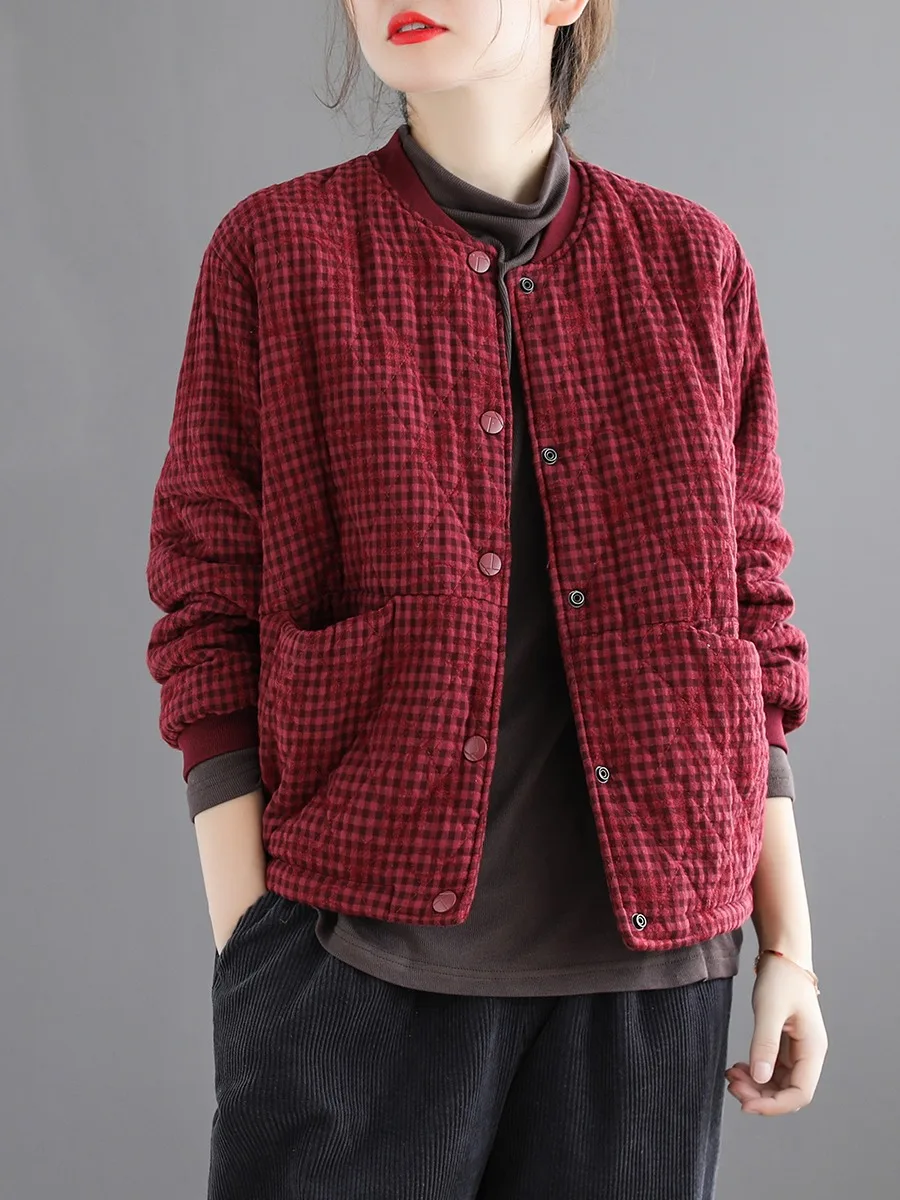 Retro Plaid Cotton Jacket Women's Lightweight Loose Slimming Baseball Collar Warm Cotton Coat Long Sleeve Button Pocket Detail
Retro Plaid Cotton Jacket Women's Lightweight Loose Slimming Baseball Collar Warm Cotton Coat Long Sleeve Button Pocket Detail