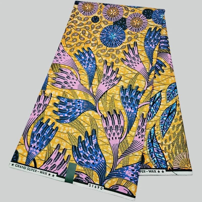6 ярдов длинная хлопковая восковая ткань в африканском стиле с принтом для шитья платья, дивана, занавески, скатерти, желтый батик, хлопковая ткань R2774