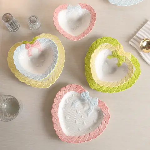 Ins Style Bow Heart Ceramic Plates Tableware Cute Dessert Plate Fruit Bowl Breakfast Dish for Salad Kitchen Dinnerware Dish