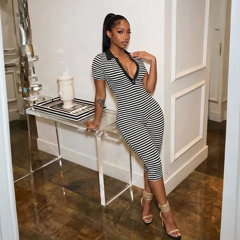 STYLISH LADY Striped Bodycon Capri Jumpsuit 2026 Contrast Polo Collar Deep V Button Short Sleeve Summer Street Club Jumpsuits
STYLISH LADY Striped Bodycon Capri Jumpsuit 2026 Contrast Polo Collar Deep V Button Short Sleeve Summer Street Club Jumpsuits