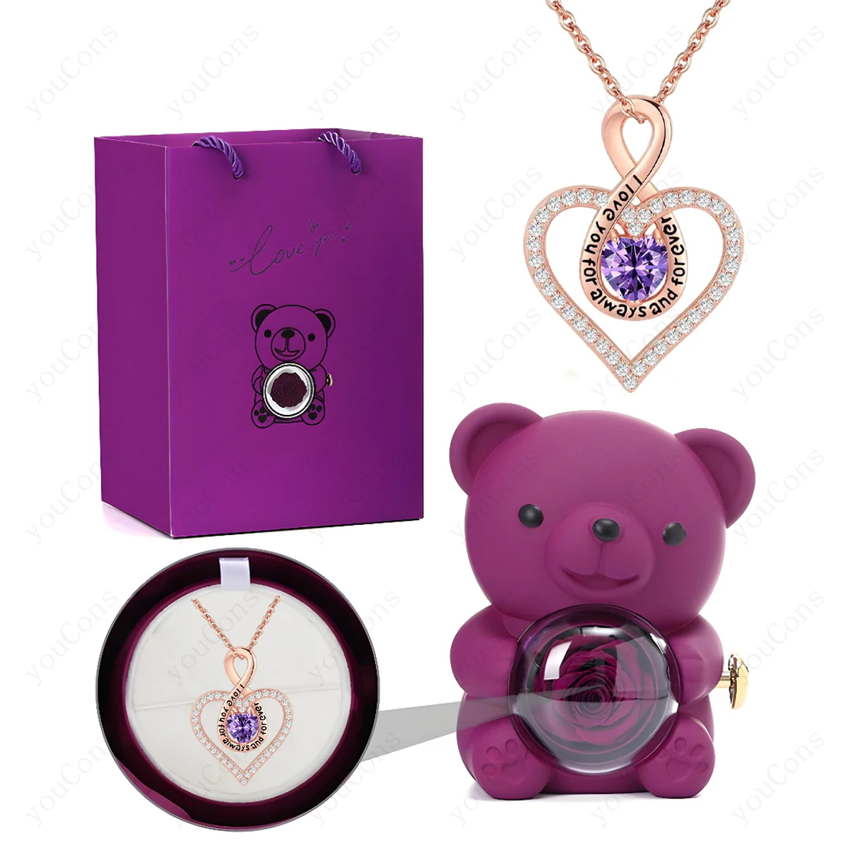Ожерелья с подвеской в виде фиолетового сердца с милым медведем и розой, подарочная коробка для женщин, украшения на день Святого Валентина, Рождество, свадьба, подруге, день рождения
Ожерелья с подвеской в виде фиолетового сердца с милым медведем и розой, подарочная коробка для женщин, украшения на день Святого Валентина, Рождество, свадьба, подруге, день рождения
