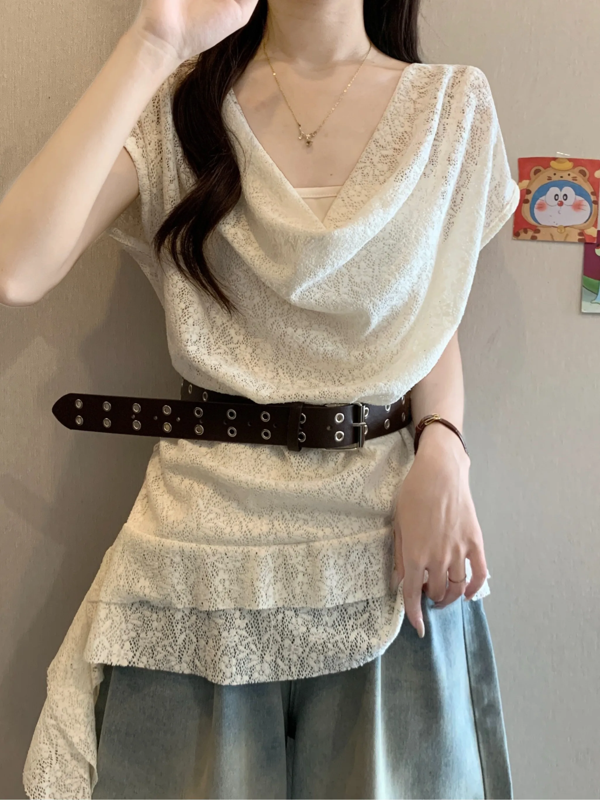 Lace Short Sleeve T-Shirt Women's Summer Slim Fit Quick Dry Top with Waist Belt False Two-Piece Irregular Hem Leaf
Lace Short Sleeve T-Shirt Women's Summer Slim Fit Quick Dry Top with Waist Belt False Two-Piece Irregular Hem Leaf
