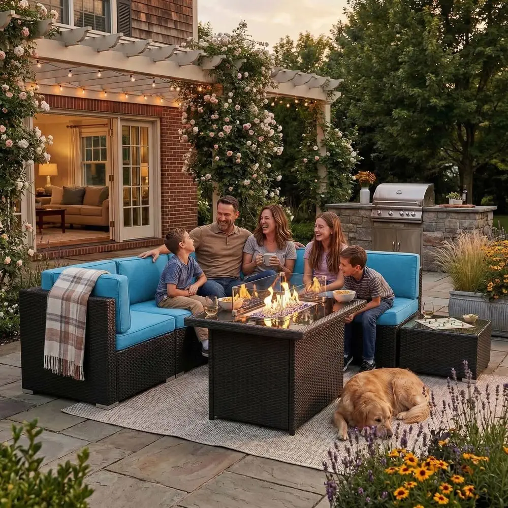 Pieces Patio Furniture Set with 44 Propane Gas Fire Pit Table, Outdoor Sectional Wicker Conversation Sofa Sets with Coffee Tabl
Pieces Patio Furniture Set with 44 Propane Gas Fire Pit Table, Outdoor Sectional Wicker Conversation Sofa Sets with Coffee Tabl