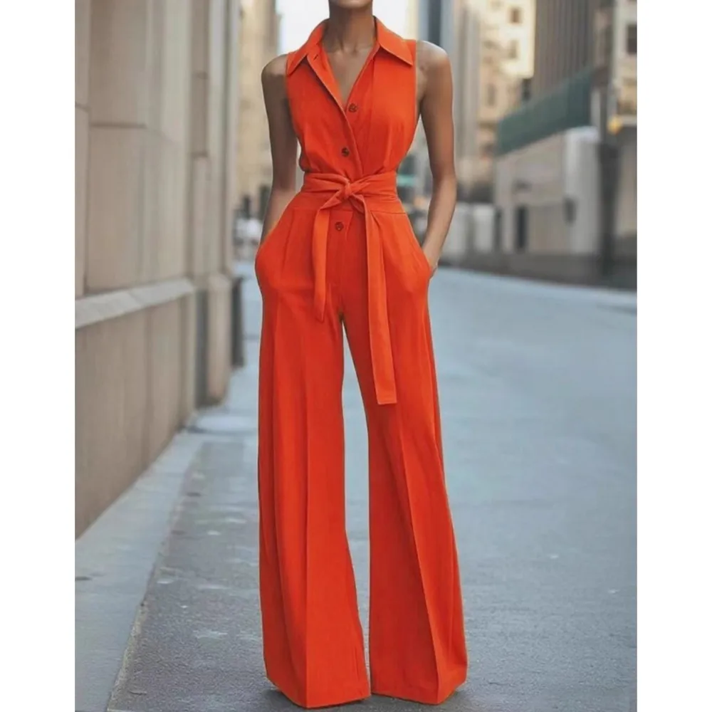 Sleeveless Lapel Jumpsuit Women's Fashion Button Down Shirt Collar Solid Color Wide Leg Commuting Office With Pocket Jumpsuit
Sleeveless Lapel Jumpsuit Women's Fashion Button Down Shirt Collar Solid Color Wide Leg Commuting Office With Pocket Jumpsuit