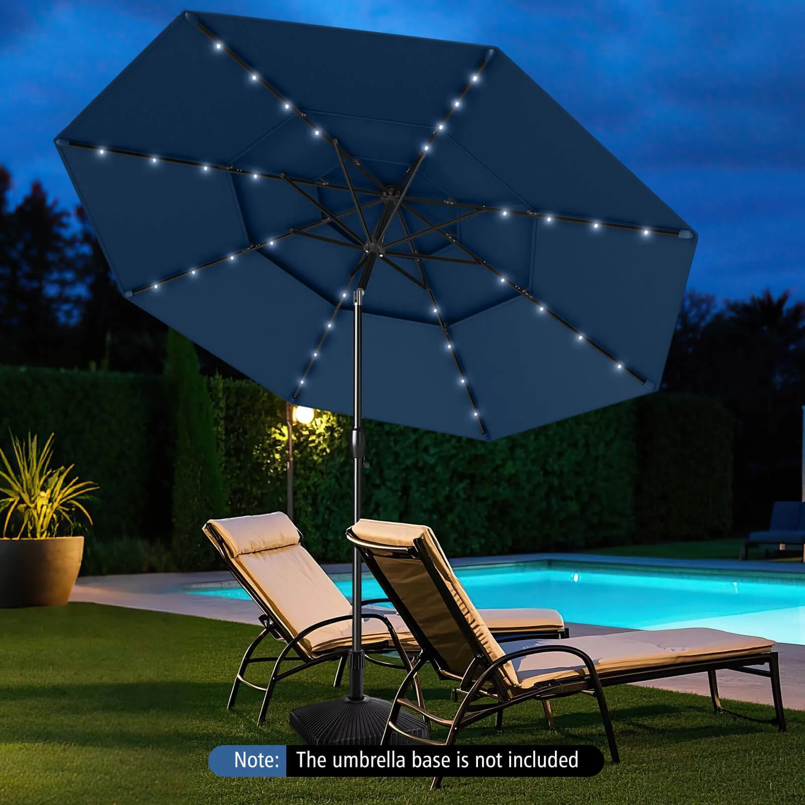 10' Solar Patio Umbrella w/ 32 LED Lights 3-Tier Vented Top Tilt Adjustment
10' Solar Patio Umbrella w/ 32 LED Lights 3-Tier Vented Top Tilt Adjustment