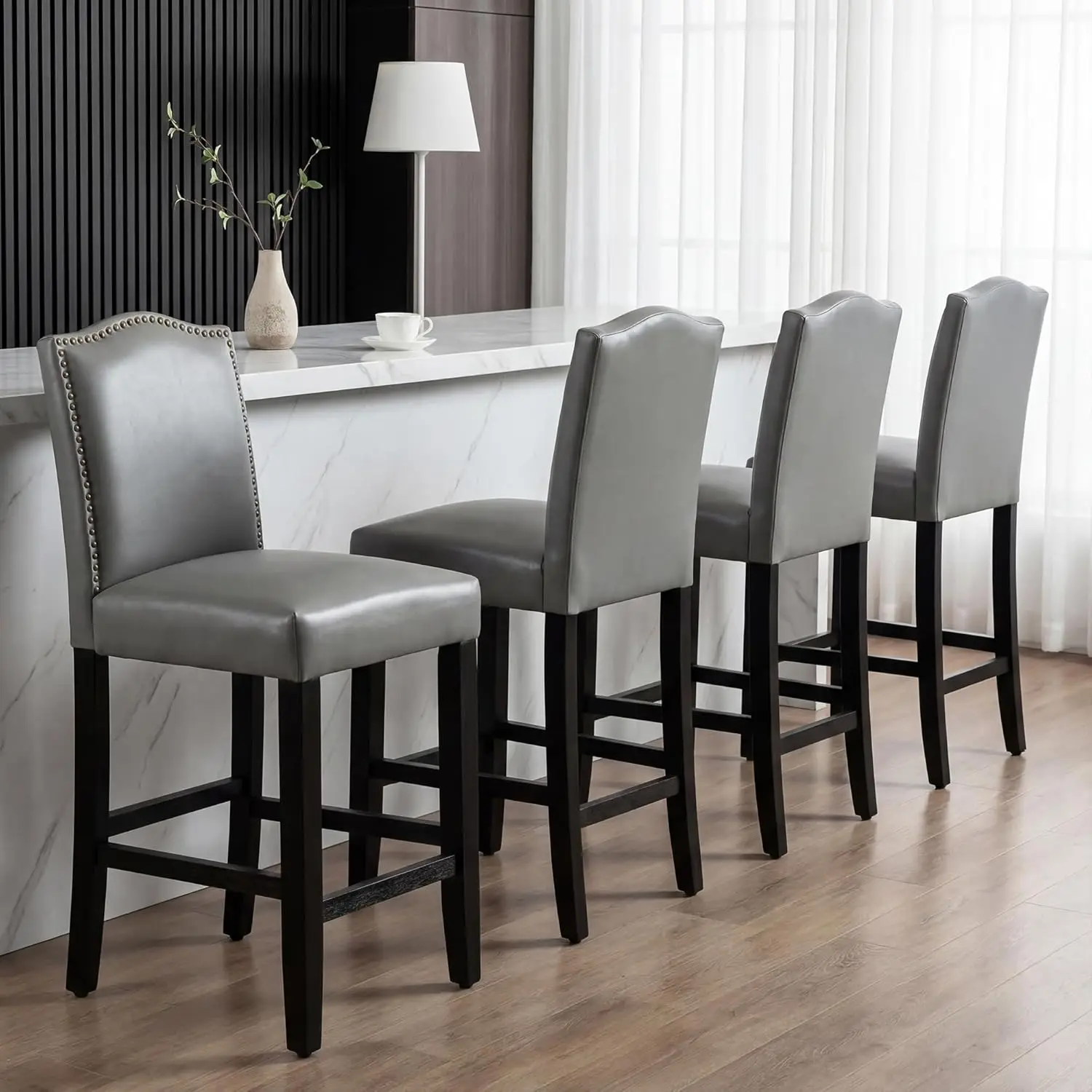 24in Upholstered PU Leather Counter Stool With Nailheads & Wood Legs For Kitchen Restaurant 4PCS Grey,Customized
24in Upholstered PU Leather Counter Stool With Nailheads & Wood Legs For Kitchen Restaurant 4PCS Grey,Customized