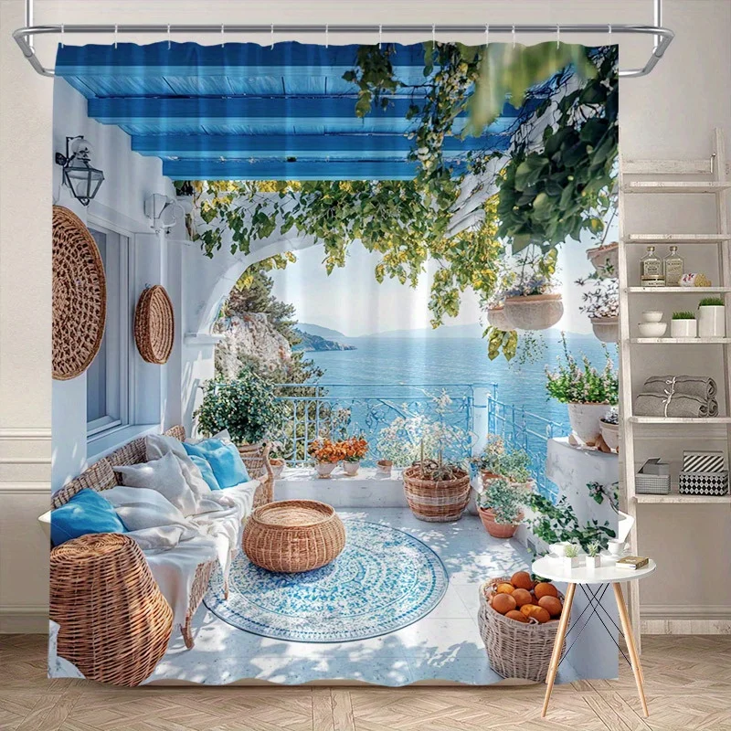 Mediterranean Shower Curtain White Buildings Blue Trim Orange Flowers Polyester Washable with 12 Hooks for Bathroom Decor
Mediterranean Shower Curtain White Buildings Blue Trim Orange Flowers Polyester Washable with 12 Hooks for Bathroom Decor