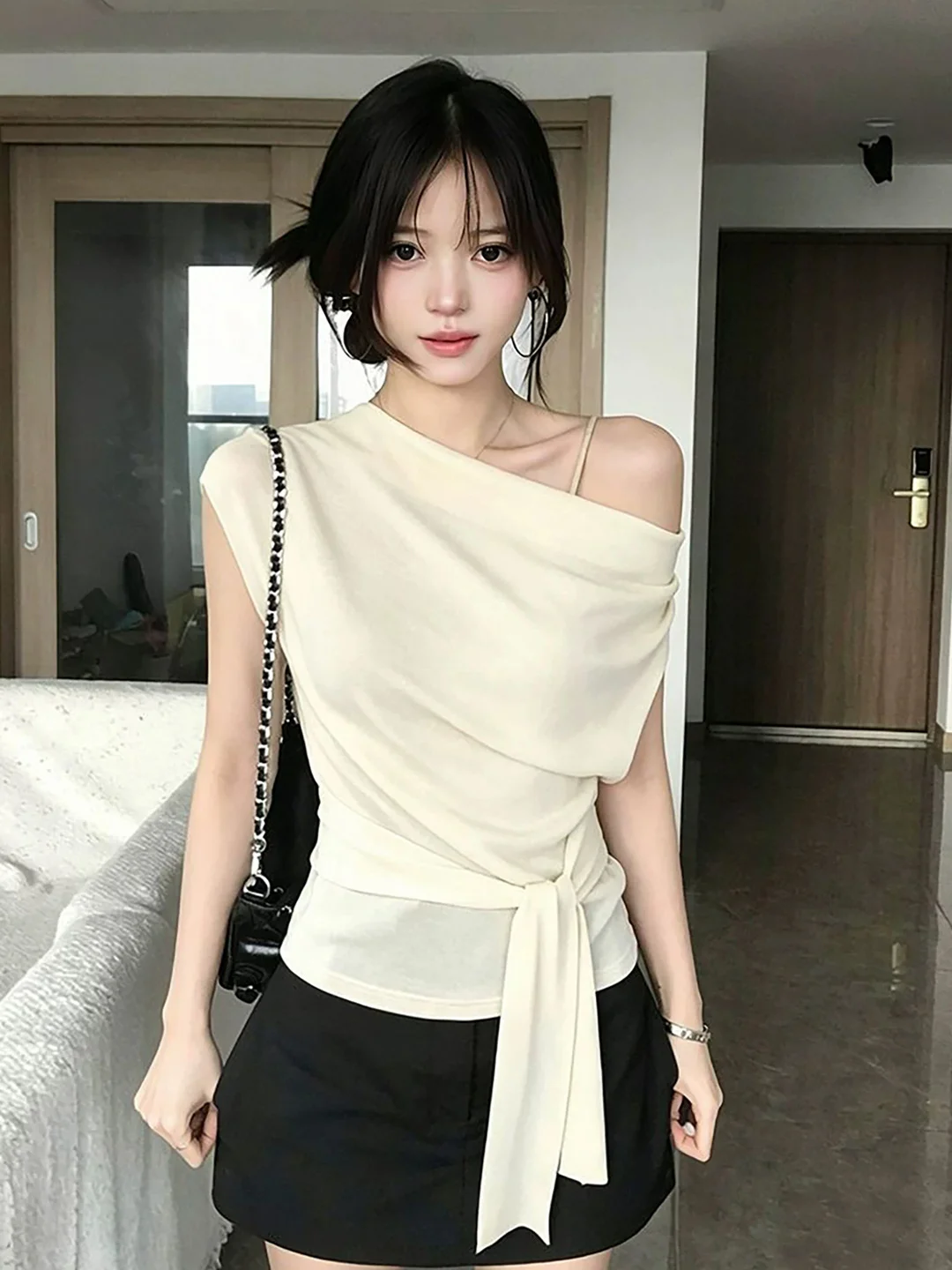 Ice Silk Knitted Short Sleeve T-Shirt Korean Style Waist Cinched Shoulder Bared Belted Summer Fashionable Casual Top for Women
Ice Silk Knitted Short Sleeve T-Shirt Korean Style Waist Cinched Shoulder Bared Belted Summer Fashionable Casual Top for Women
