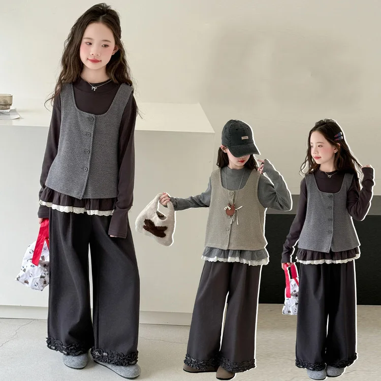 Autumn Teenager Girl 3pcs Outfit Kid Girl Lace Patchwork Undershirt Single-breasted Vest Children Girl Loose Pant 4-14Y Girl Set
Autumn Teenager Girl 3pcs Outfit Kid Girl Lace Patchwork Undershirt Single-breasted Vest Children Girl Loose Pant 4-14Y Girl Set