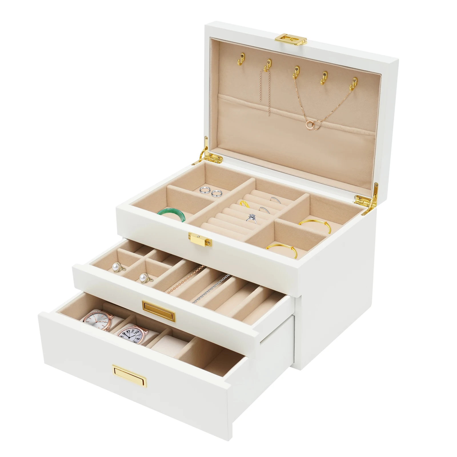 3-Layer White Jewelry Box Organizer for Women Large Capacity Storage Case with Necklace Hooks, Plush Lining, Watch Pillow Ideal
3-Layer White Jewelry Box Organizer for Women Large Capacity Storage Case with Necklace Hooks, Plush Lining, Watch Pillow Ideal