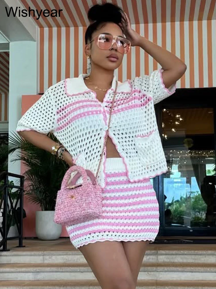 Pink Knitting Stripe Patchwork Short Sleeve Coats Tops and Short Skirts 2 Pieces Set Woman Sexy Beach Vacation Dress Outfits y2k
Pink Knitting Stripe Patchwork Short Sleeve Coats Tops and Short Skirts 2 Pieces Set Woman Sexy Beach Vacation Dress Outfits y2k