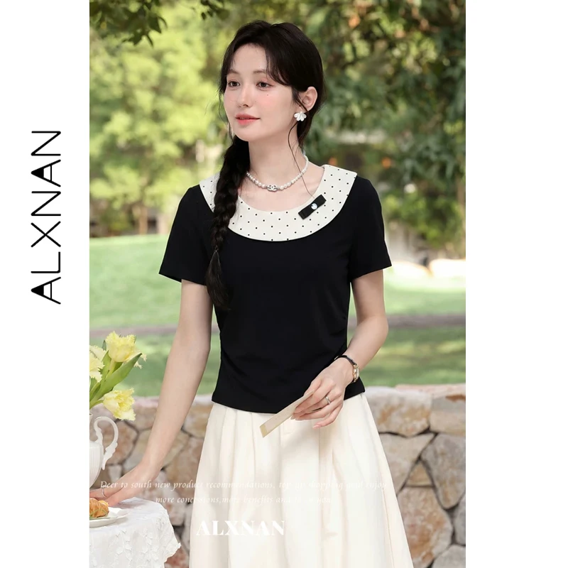 ALXNAN Black T-shirt Women Summer Contrast Polka Dot Peter Pan Collar Slim-fit Short Sleeve T-shirt Casual Basic Tops DYL662653
ALXNAN Black T-shirt Women Summer Contrast Polka Dot Peter Pan Collar Slim-fit Short Sleeve T-shirt Casual Basic Tops DYL662653