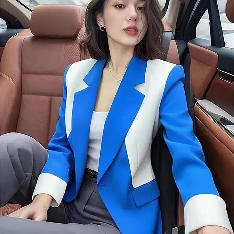 Женский пиджак-блейзер для делового костюма, весна-осень 2026, стильный дизайн, сине-белый контрастный пиджак-топ
Женский пиджак-блейзер для делового костюма, весна-осень 2026, стильный дизайн, сине-белый контрастный пиджак-топ
