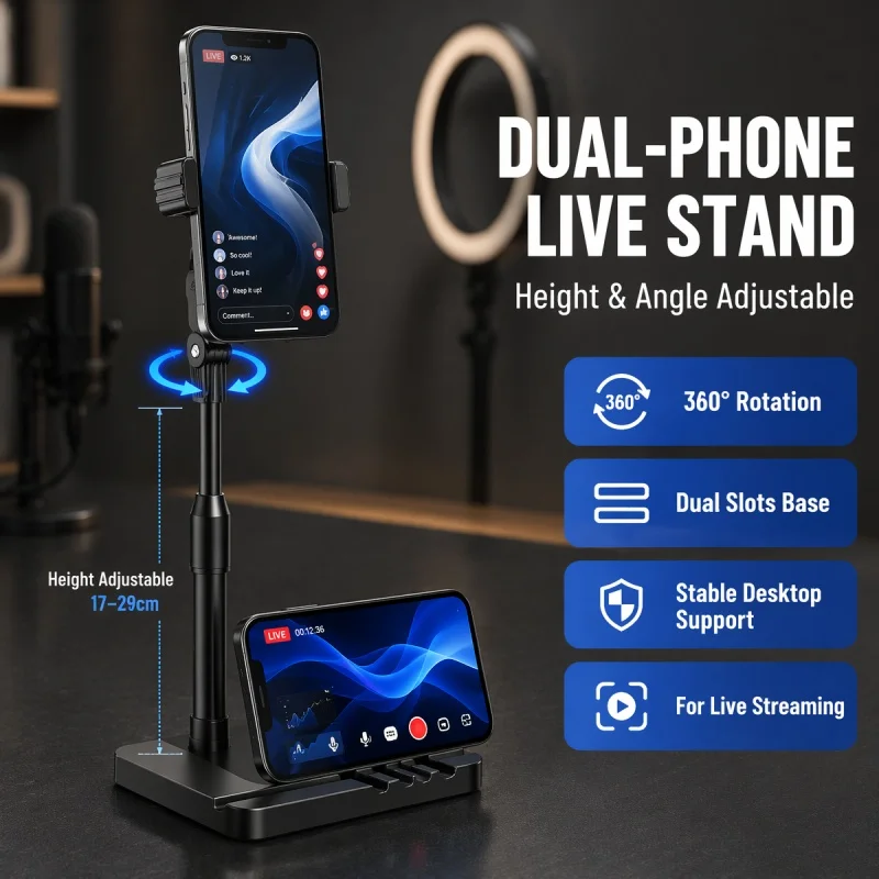 360° Rotatable Dual Slot Phone Holder Telescopic Disc Base Lazy Stand Multi Position Live Streaming Bracket For Smartphones
360° Rotatable Dual Slot Phone Holder Telescopic Disc Base Lazy Stand Multi Position Live Streaming Bracket For Smartphones