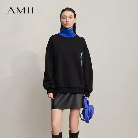 AMII Woman Sweatshirts 2025 Winter New Turtleneck Long Sleeve Female Sweatshirt Knitted Embroidery Versatile Top Women 12543177