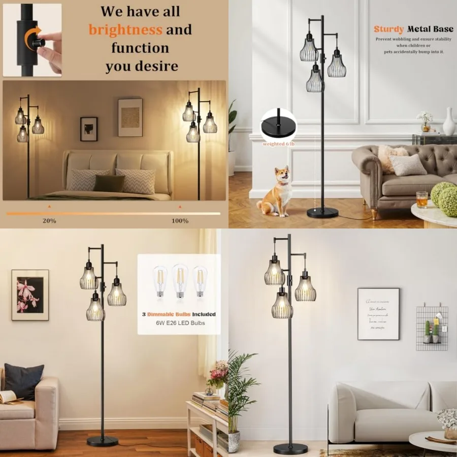 Dimmable Floor Lamp, 3 x 800LM LED Edison Bulbs Included, Farmhouse Industrial Floor Lamp Standing Tree Lamp with Elegant Cage
Dimmable Floor Lamp, 3 x 800LM LED Edison Bulbs Included, Farmhouse Industrial Floor Lamp Standing Tree Lamp with Elegant Cage