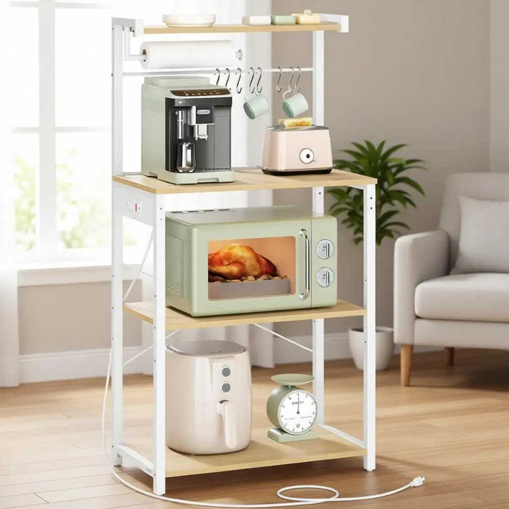 4-уровневая кухонная стойка-органайзер с розеткой, кофейным столиком, 8 крючками, подставкой для микроволновки, регулируемыми полками, подходит для небольших помещений
4-уровневая кухонная стойка-органайзер с розеткой, кофейным столиком, 8 крючками, подставкой для микроволновки, регулируемыми полками, подходит для небольших помещений