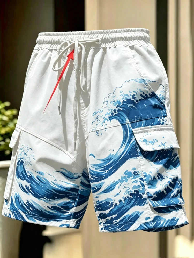Men White Japanese Kanagawa Big Wave Print Multi Flap Pocket Cargo Shorts Elastic Drawstring Waist Beach Casual Shorts
Men White Japanese Kanagawa Big Wave Print Multi Flap Pocket Cargo Shorts Elastic Drawstring Waist Beach Casual Shorts