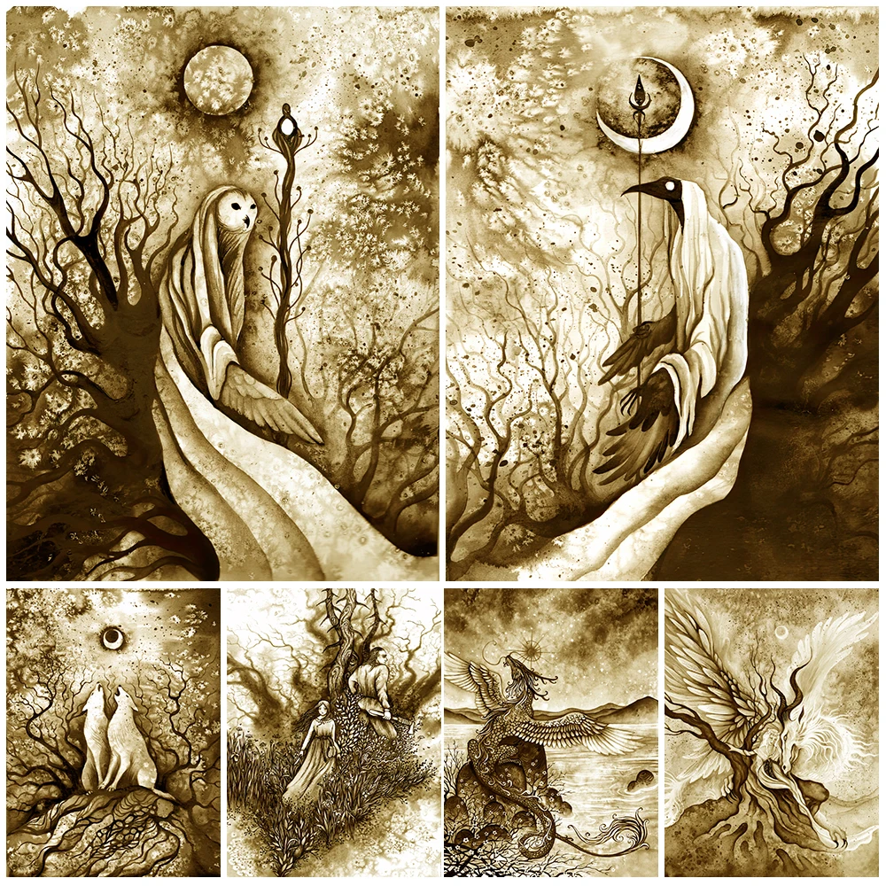 Forest Guardian And Sun Moon Wizard Vintage Wall Art White Wolf,Crow,Owl,And Holy Beast Magical Creature Poster Canvas Painting
Forest Guardian And Sun Moon Wizard Vintage Wall Art White Wolf,Crow,Owl,And Holy Beast Magical Creature Poster Canvas Painting