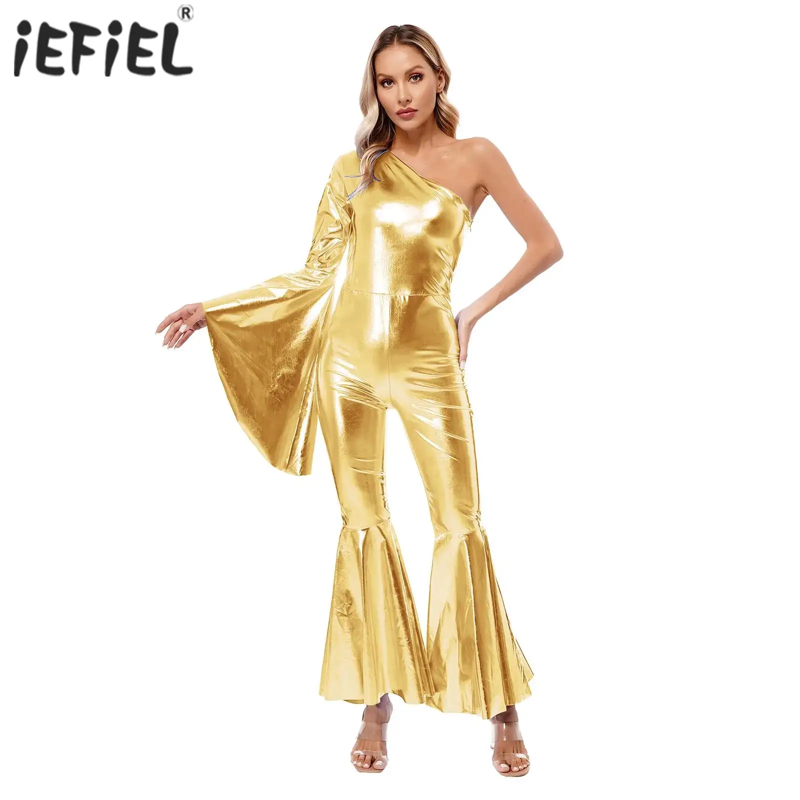 Womens Metallic Shiny 70s Disco Costume Party Jumpsuit Nightclub Outfit Flare Bell Bottom Romper Bodysuit Flare Sleeve Leotard
Womens Metallic Shiny 70s Disco Costume Party Jumpsuit Nightclub Outfit Flare Bell Bottom Romper Bodysuit Flare Sleeve Leotard