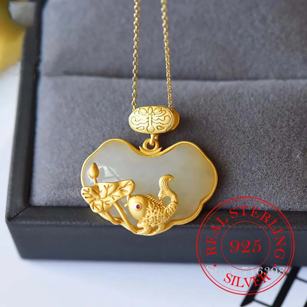 925 Sterling Silver Jewelry Natural Jade Carp Lotus Necklace Pendant for Women Wedding Party Jewelry For Girls Friend Gift
925 Sterling Silver Jewelry Natural Jade Carp Lotus Necklace Pendant for Women Wedding Party Jewelry For Girls Friend Gift