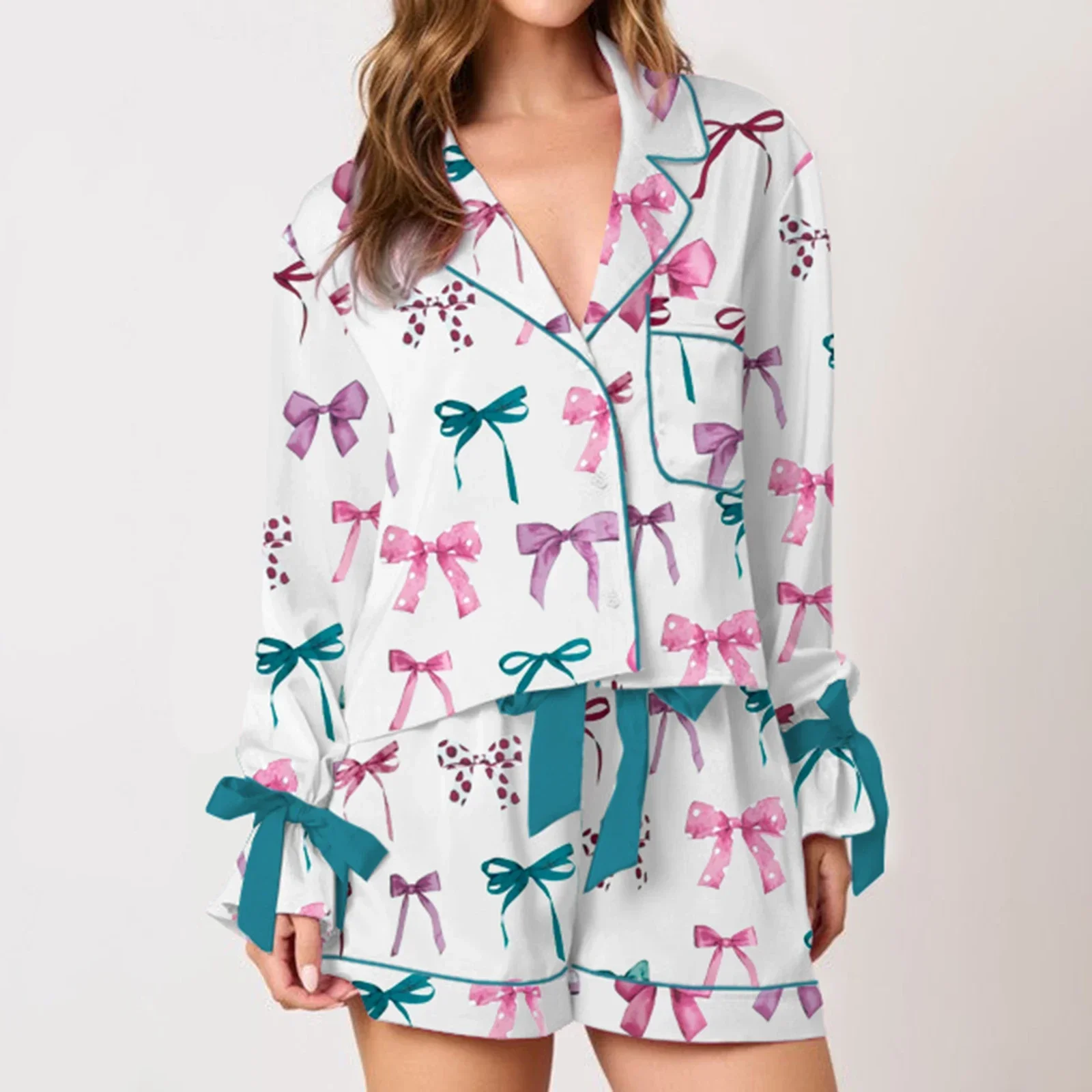 Womens 2Piece Bow/Boots Print Loungewear Pajamas Set Long Sleeve Lapel Neck Button Up Tops + Wide Leg Shorts Sleepwear
Womens 2Piece Bow/Boots Print Loungewear Pajamas Set Long Sleeve Lapel Neck Button Up Tops + Wide Leg Shorts Sleepwear
