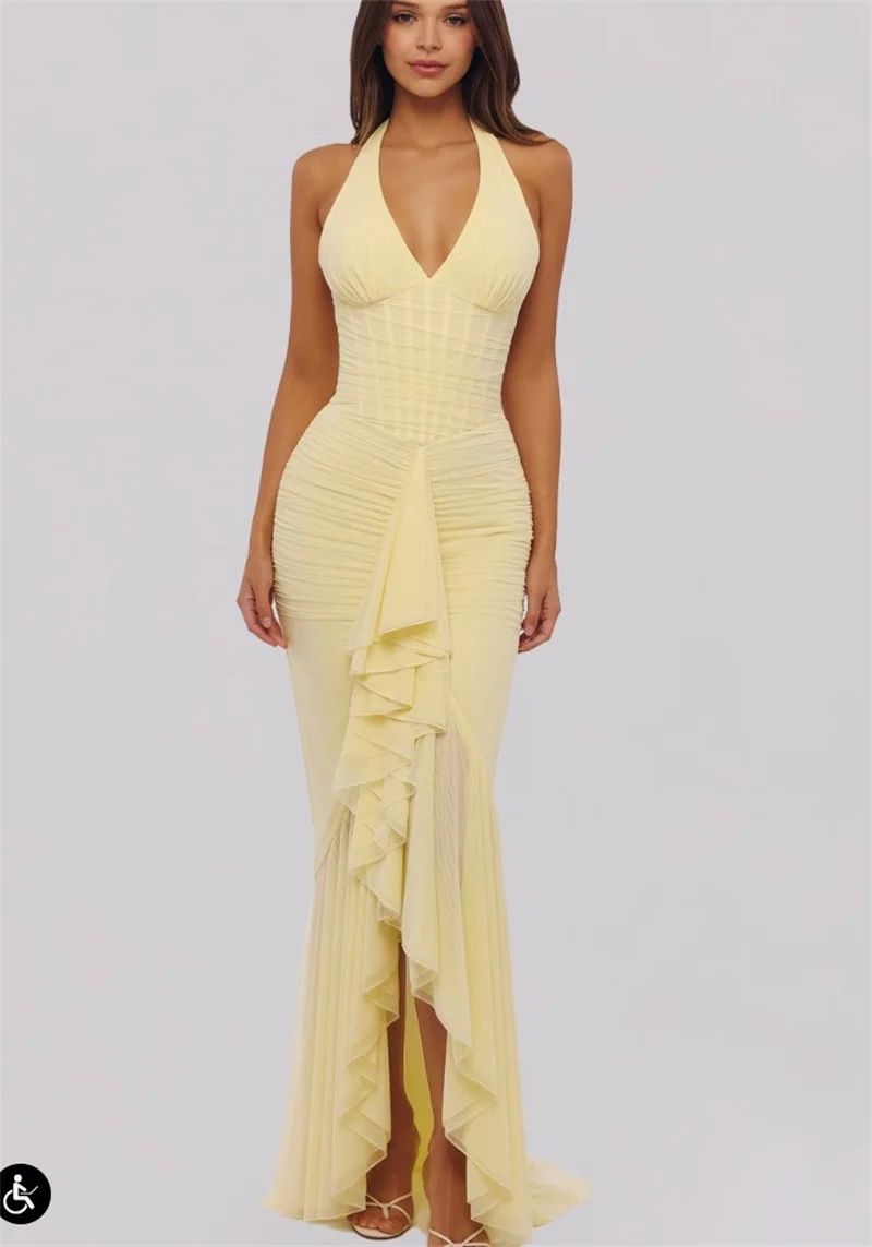 Sexy Corset Yellow Prom Dress Halter Neck Sleeveless Ruffles Long Sheath Party Gown Holiday Beach Formal Wedding Birthday Robe
Sexy Corset Yellow Prom Dress Halter Neck Sleeveless Ruffles Long Sheath Party Gown Holiday Beach Formal Wedding Birthday Robe