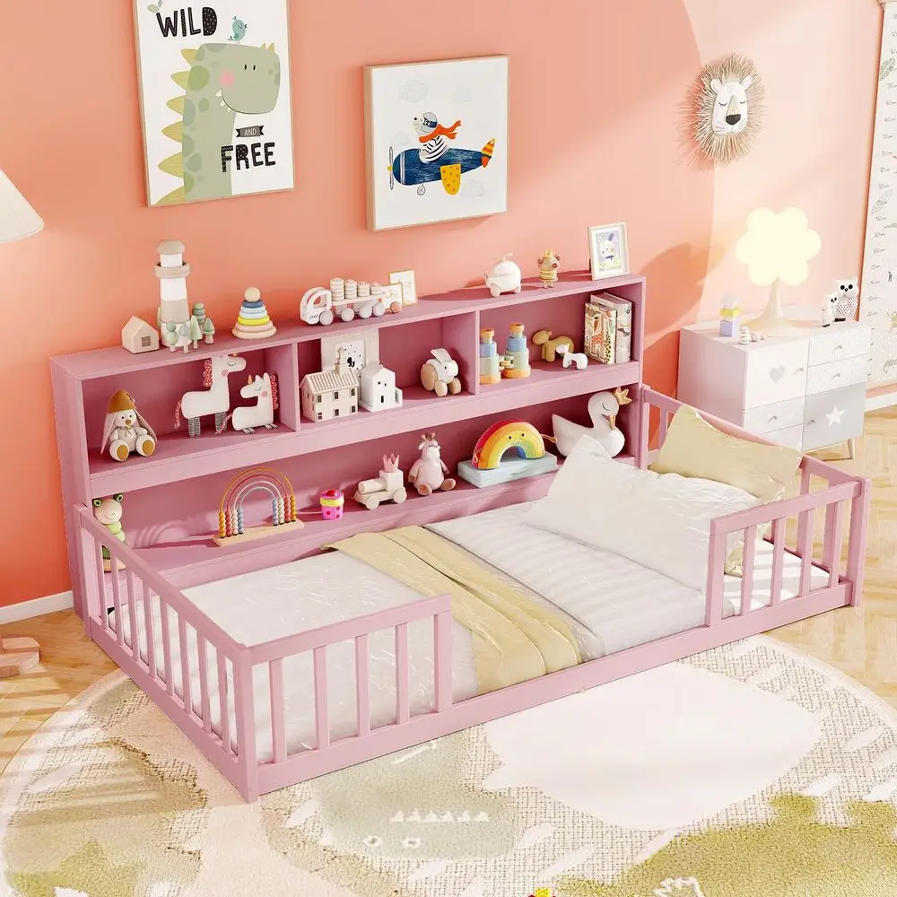 Twin Floor Bed with Bookcase amp Shelves, Wood Bed Frame with Bedside Bookshelves amp Guardrails, Versatile 2in1 Montessori Flo
Twin Floor Bed with Bookcase amp Shelves, Wood Bed Frame with Bedside Bookshelves amp Guardrails, Versatile 2in1 Montessori Flo