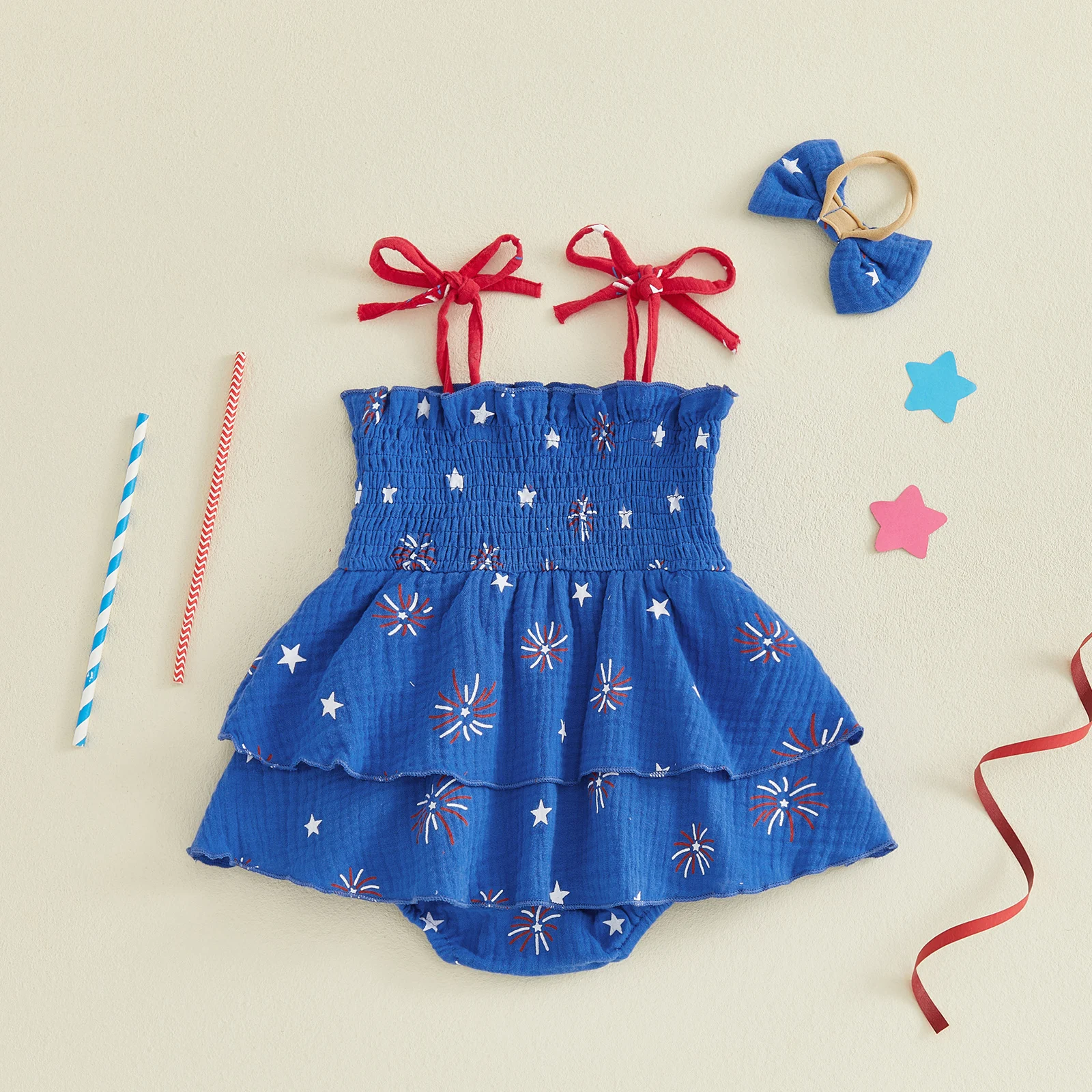 0-18M Baby Girl 4th of July Outfit Adorable Star Print Sleeveless Square Neck Romper Dress and Bow Headband Set
0-18M Baby Girl 4th of July Outfit Adorable Star Print Sleeveless Square Neck Romper Dress and Bow Headband Set