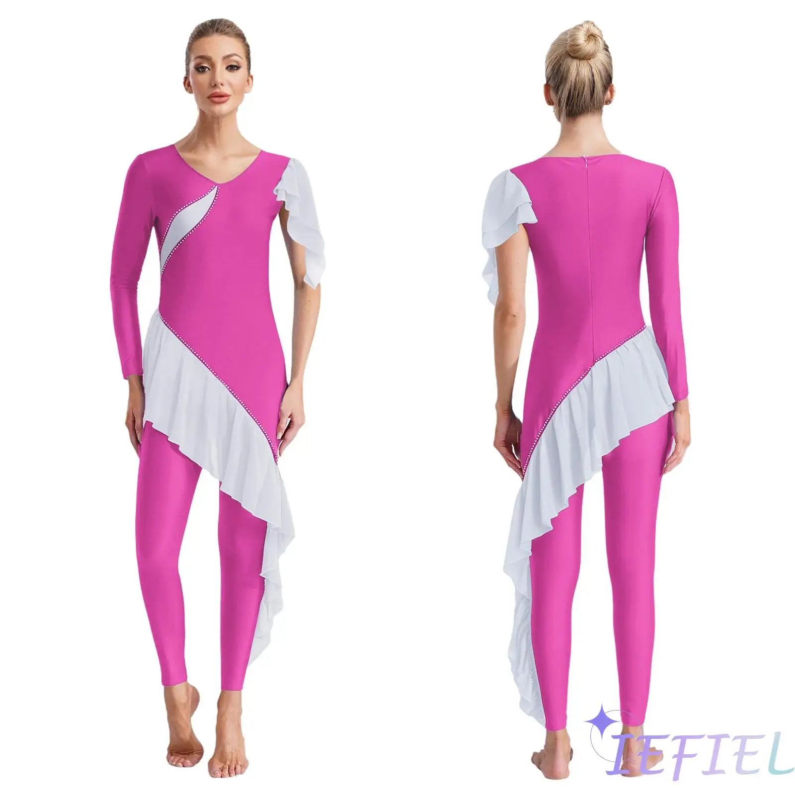 Womens Ballet Costume Gymnastics Jumpsuit Figure Skating Leotard Asymmetrical Sleeve Cascading Ruffled Hem Rhinestones Bodysuit
Womens Ballet Costume Gymnastics Jumpsuit Figure Skating Leotard Asymmetrical Sleeve Cascading Ruffled Hem Rhinestones Bodysuit