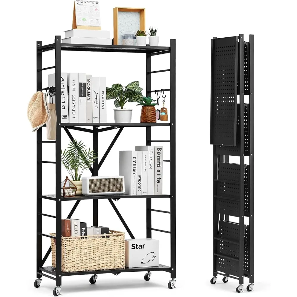 4-Tier Foldable Storage Shelf, 28x13x54 Inch Metal Rack with Wheels & Hooks for Kitchen, Garage, Black
4-Tier Foldable Storage Shelf, 28x13x54 Inch Metal Rack with Wheels & Hooks for Kitchen, Garage, Black