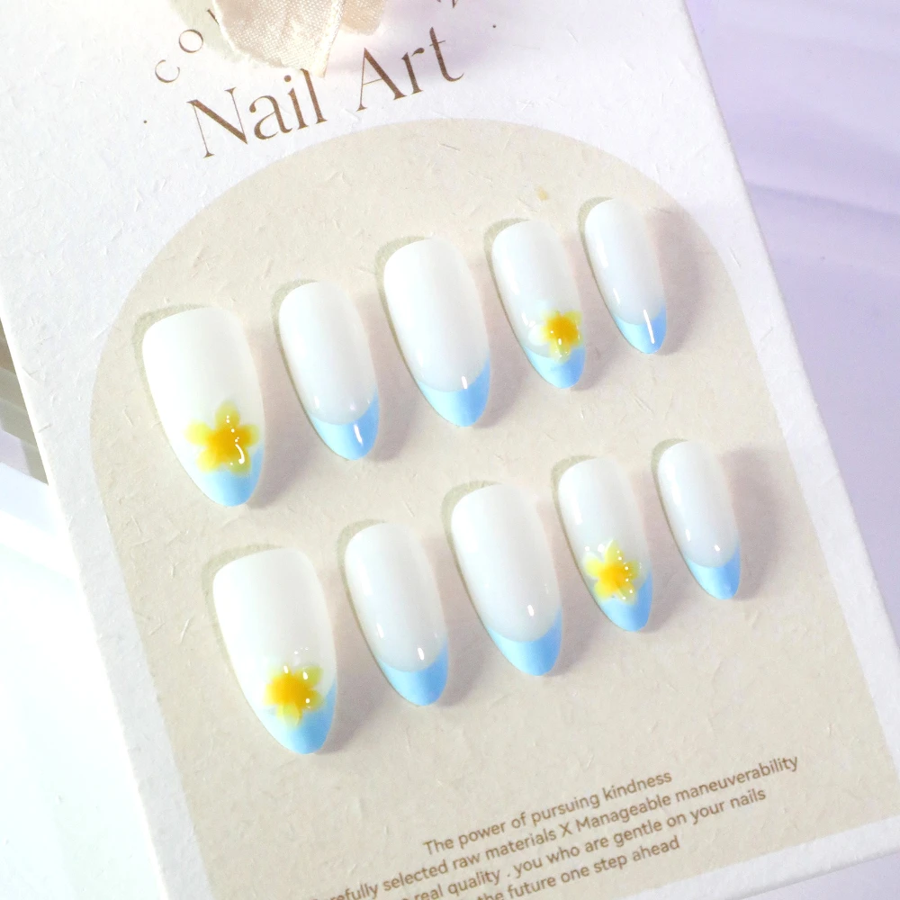 Blue French Summer Nail Art Yellow Frangipani Tropical Flower Wearable False Nails Detachable Finished Fake Nails Press on Nails
Blue French Summer Nail Art Yellow Frangipani Tropical Flower Wearable False Nails Detachable Finished Fake Nails Press on Nails